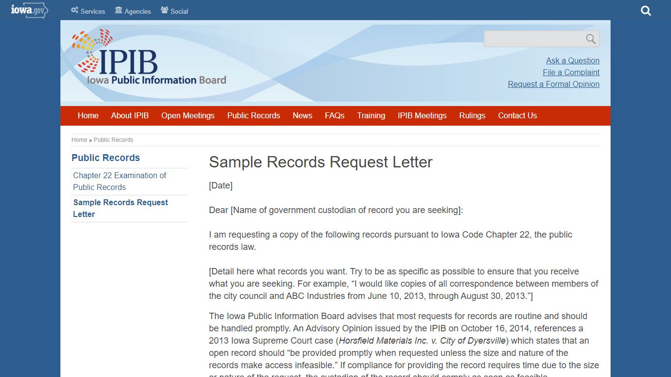 Sample Records Request Letter | Iowa Public Information Board